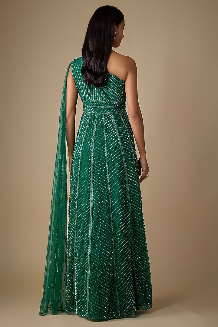 Emerald Green Net & Organza Sequins Embroidered Wedding Gown by COUTURE BY NIHARIKA at Pernia's Pop Up Shop