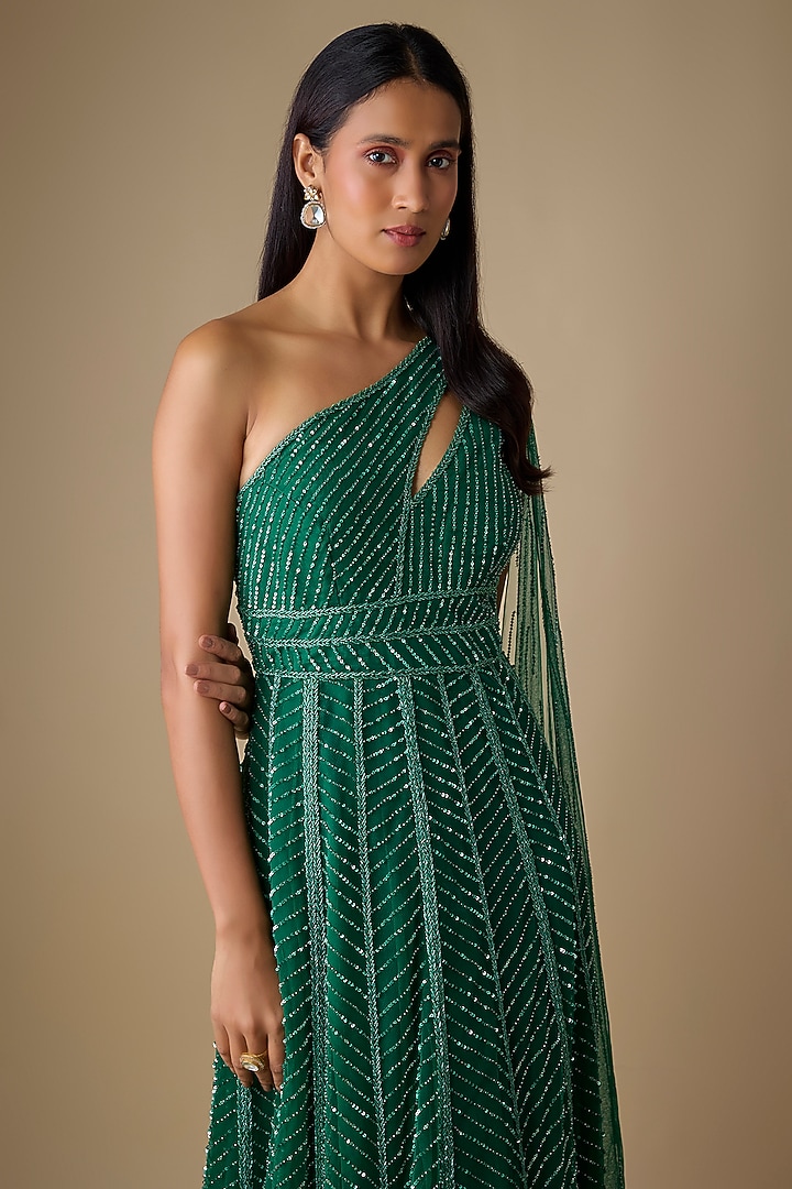 Emerald Green Net & Organza Sequins Embroidered Wedding Gown by COUTURE BY NIHARIKA at Pernia's Pop Up Shop
