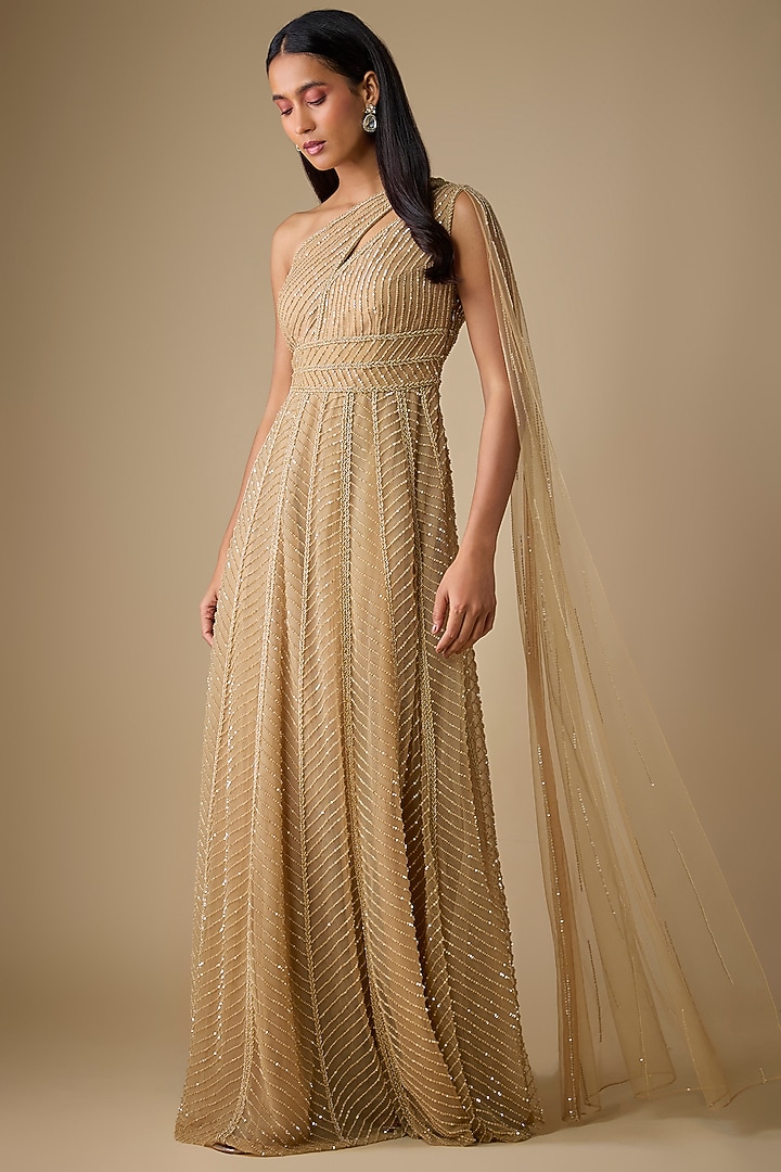 Champagne Net & Organza Sequins Embroidered Wedding Gown by COUTURE BY NIHARIKA at Pernia's Pop Up Shop