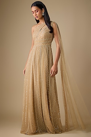 Champagne Net & Organza Sequins Embroidered Gown by COUTURE BY NIHARIKA