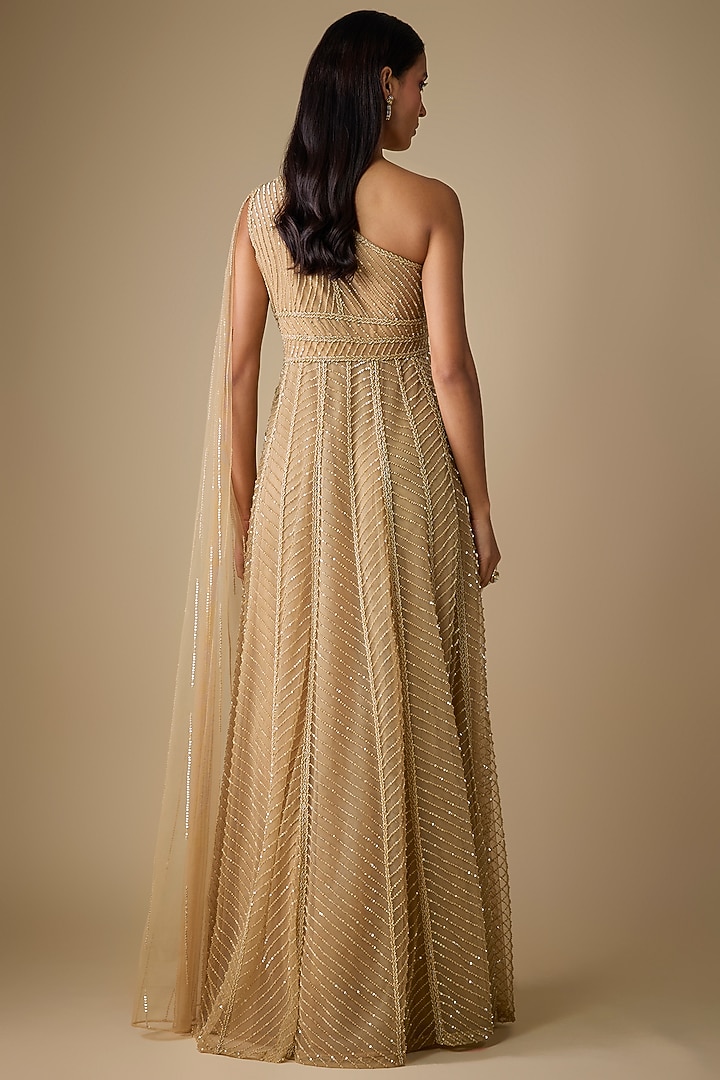 Champagne Net & Organza Sequins Embroidered Wedding Gown by COUTURE BY NIHARIKA at Pernia's Pop Up Shop