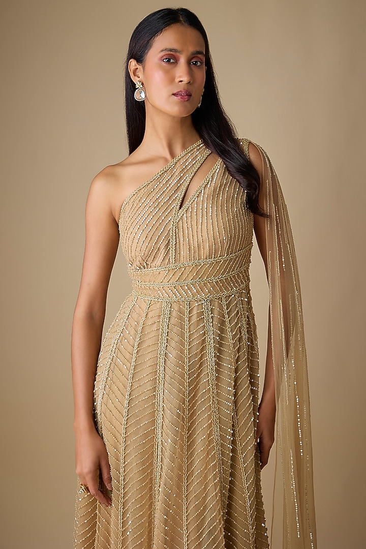 Champagne Net & Organza Sequins Embroidered Wedding Gown by COUTURE BY NIHARIKA at Pernia's Pop Up Shop