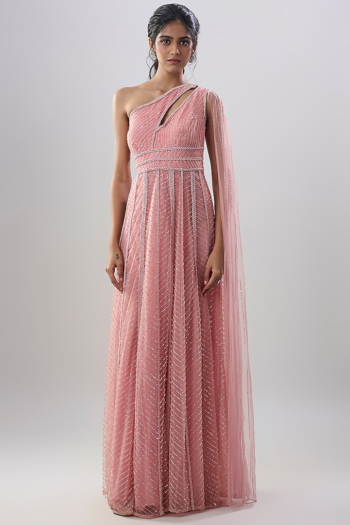 Blush Pink Net Embroidered Wedding Gown by COUTURE BY NIHARIKA at Pernia's Pop Up Shop