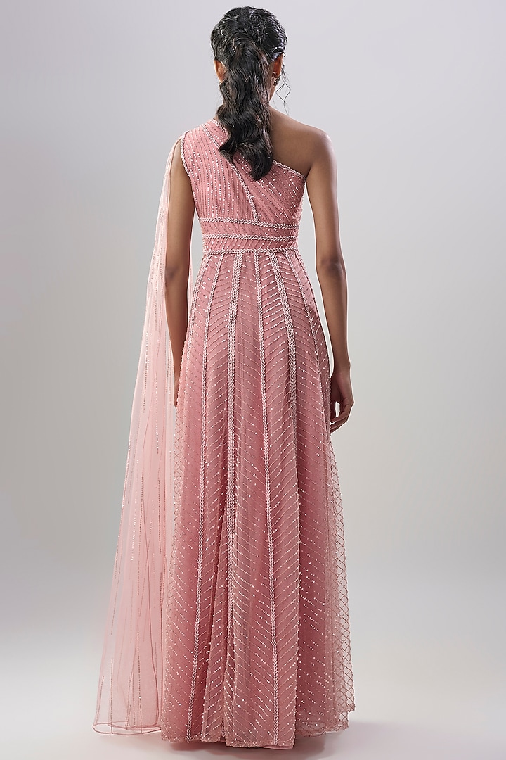 Blush Pink Net Embroidered Wedding Gown by COUTURE BY NIHARIKA at Pernia's Pop Up Shop