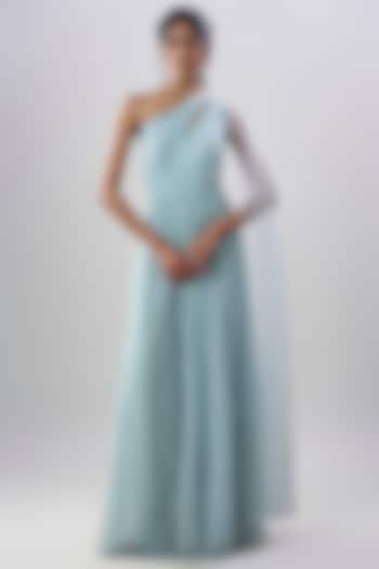 Powder Blue Net Embroidered Wedding Gown by COUTURE BY NIHARIKA at Pernia's Pop Up Shop