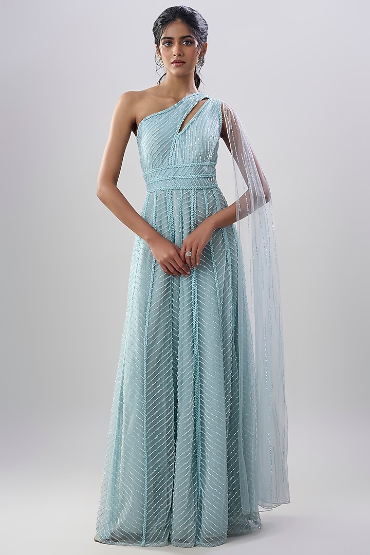 Powder Blue Net Embroidered Wedding Gown by COUTURE BY NIHARIKA at Pernia's Pop Up Shop