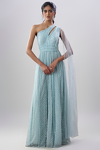 Powder Blue Net Embroidered Gown by COUTURE BY NIHARIKA