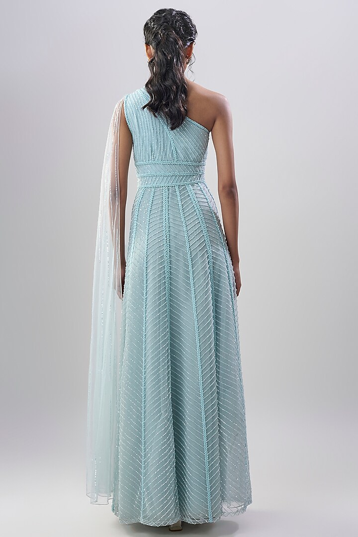 Powder Blue Net Embroidered Wedding Gown by COUTURE BY NIHARIKA at Pernia's Pop Up Shop