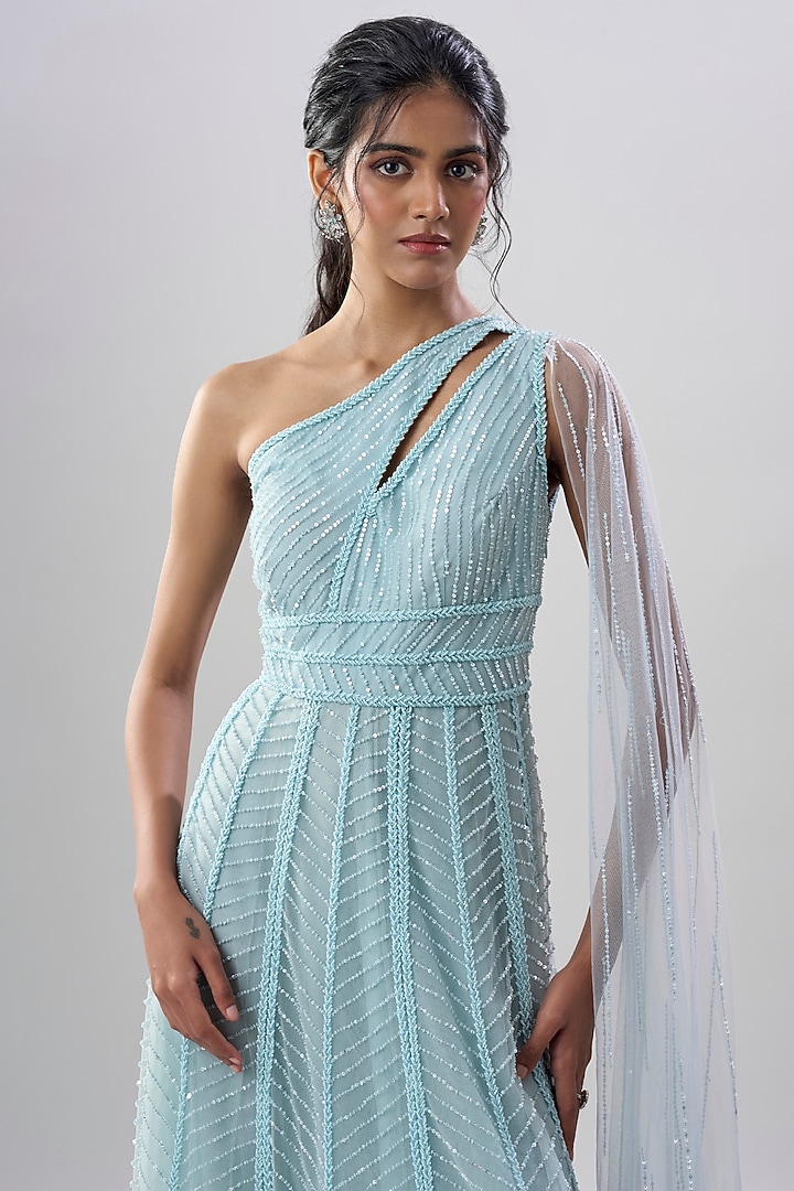 Powder Blue Net Embroidered Wedding Gown by COUTURE BY NIHARIKA at Pernia's Pop Up Shop