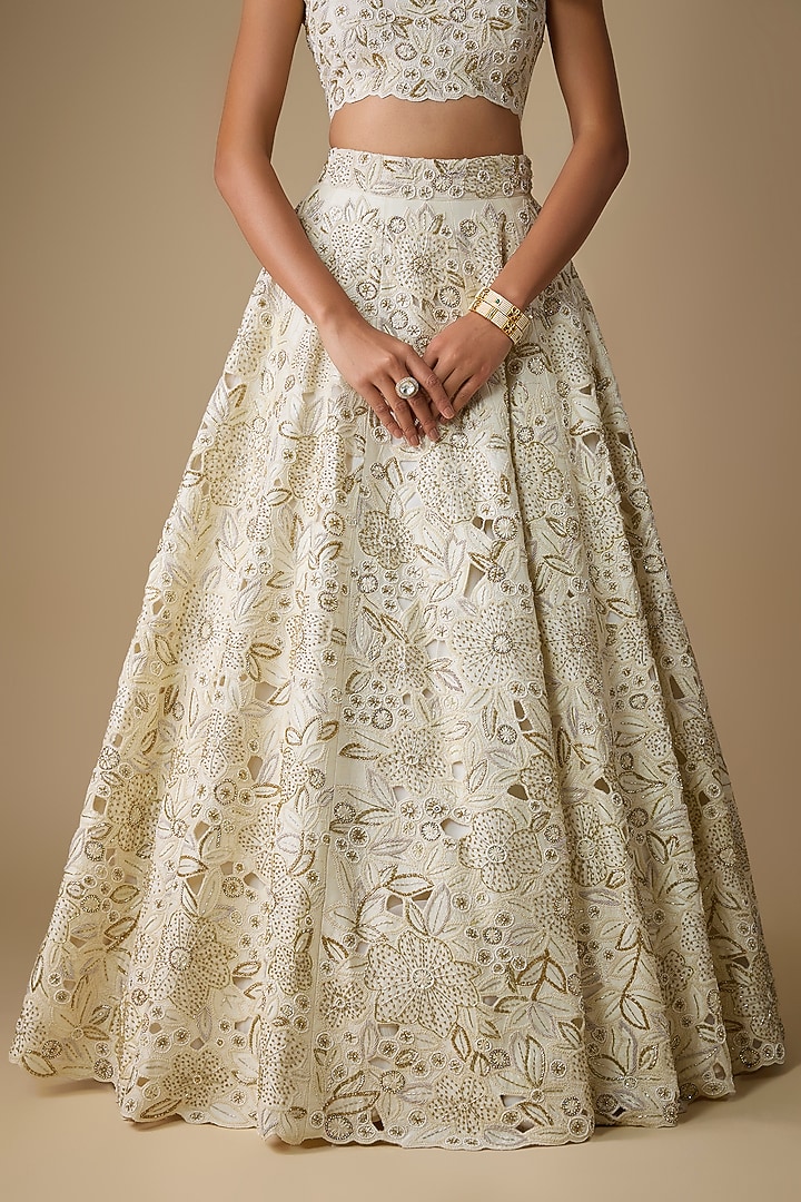 Ivory Silk Embroidered Bridal Lehenga Set by COUTURE BY NIHARIKA at Pernia's Pop Up Shop