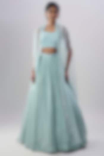 Powder Blue Organza Zari & Sequin Embroidered Wedding Lehenga Set by COUTURE BY NIHARIKA at Pernia's Pop Up Shop