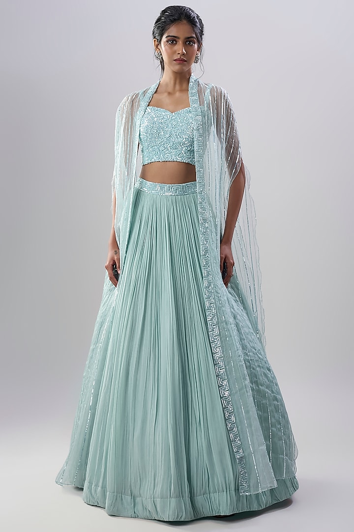 Powder Blue Organza Zari & Sequin Embroidered Wedding Lehenga Set by COUTURE BY NIHARIKA at Pernia's Pop Up Shop