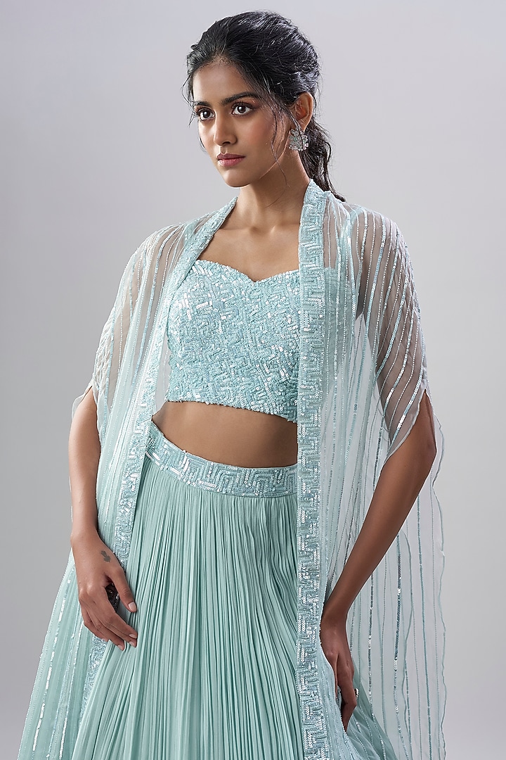 Powder Blue Organza Zari & Sequin Embroidered Wedding Lehenga Set by COUTURE BY NIHARIKA at Pernia's Pop Up Shop