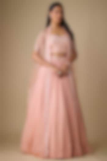 Peach Viscose Sequins Embroidered Jacket Wedding Lehenga Set by COUTURE BY NIHARIKA at Pernia's Pop Up Shop