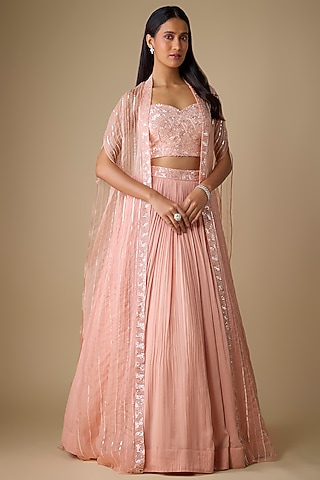 Peach Viscose Sequins Embroidered Jacket Lehenga Set by COUTURE BY NIHARIKA