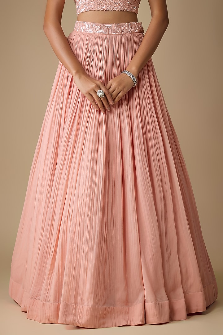 Peach Viscose Sequins Embroidered Jacket Wedding Lehenga Set by COUTURE BY NIHARIKA at Pernia's Pop Up Shop