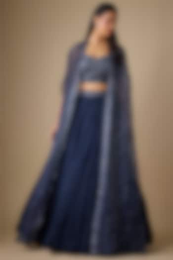 Navy Blue Viscose Sequins Embroidered Jacket Wedding Lehenga Set by COUTURE BY NIHARIKA at Pernia's Pop Up Shop
