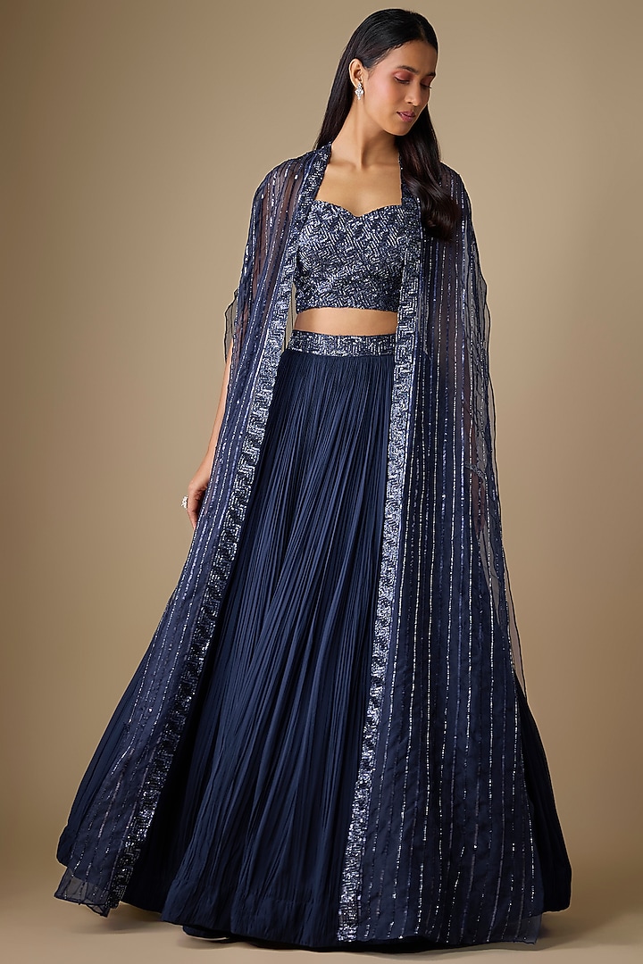 Navy Blue Viscose Sequins Embroidered Jacket Wedding Lehenga Set by COUTURE BY NIHARIKA at Pernia's Pop Up Shop