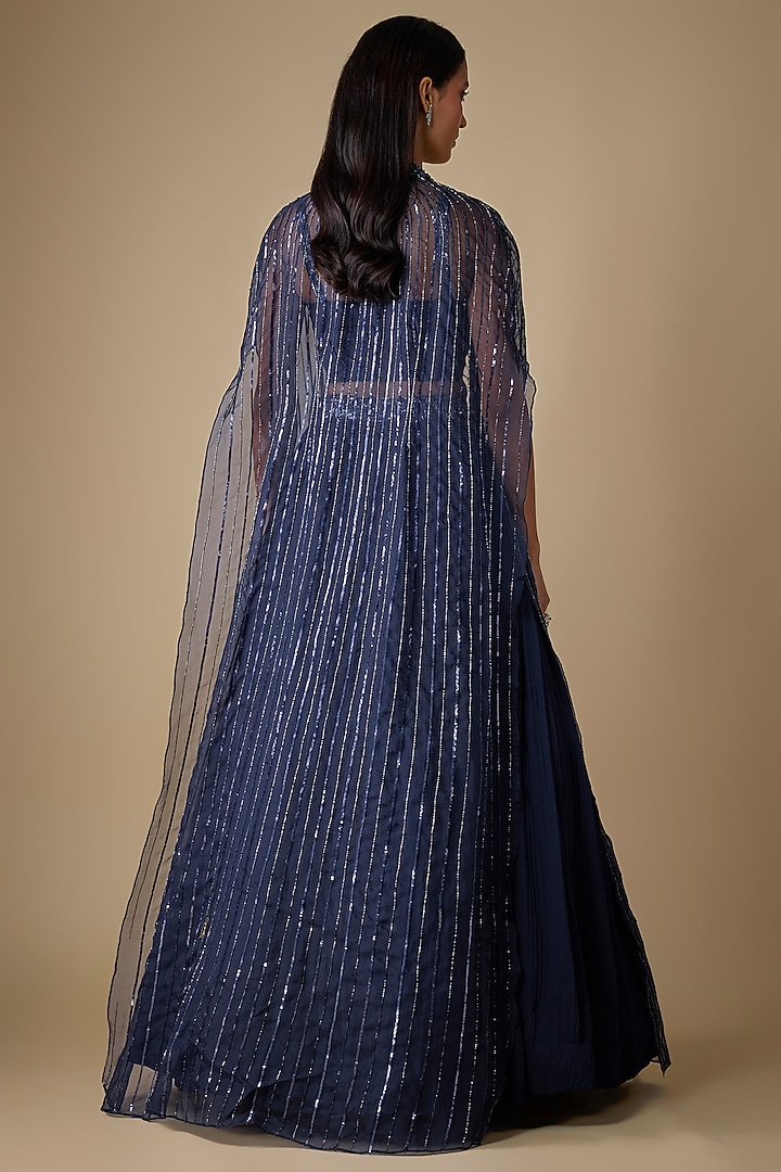 Navy Blue Viscose Sequins Embroidered Jacket Wedding Lehenga Set by COUTURE BY NIHARIKA at Pernia's Pop Up Shop