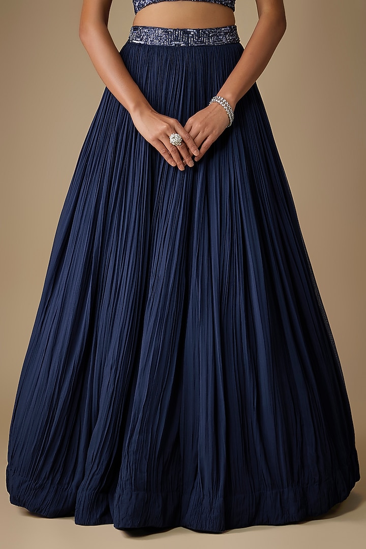 Navy Blue Viscose Sequins Embroidered Jacket Wedding Lehenga Set by COUTURE BY NIHARIKA at Pernia's Pop Up Shop