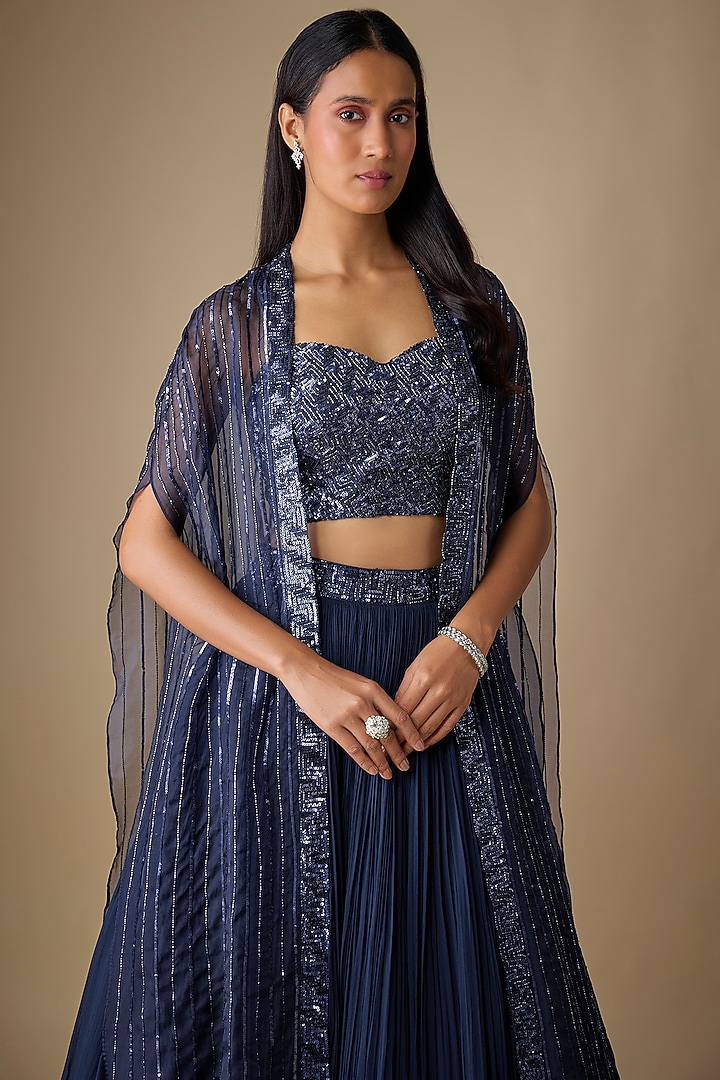 Navy Blue Viscose Sequins Embroidered Jacket Wedding Lehenga Set by COUTURE BY NIHARIKA at Pernia's Pop Up Shop