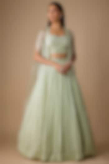 Mint Green Viscose Sequins Embroidered Jacket Wedding Lehenga Set by COUTURE BY NIHARIKA at Pernia's Pop Up Shop