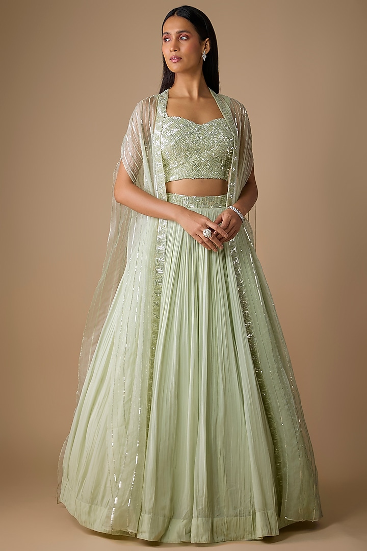 Mint Green Viscose Sequins Embroidered Jacket Wedding Lehenga Set by COUTURE BY NIHARIKA at Pernia's Pop Up Shop