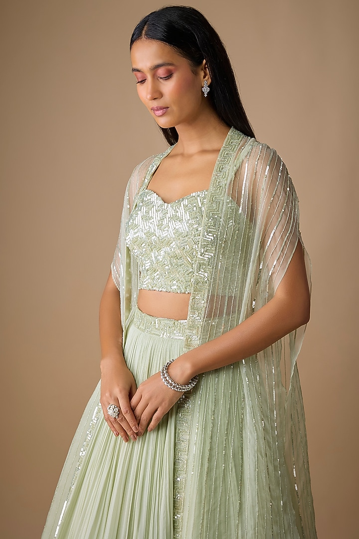 Mint Green Viscose Sequins Embroidered Jacket Wedding Lehenga Set by COUTURE BY NIHARIKA at Pernia's Pop Up Shop