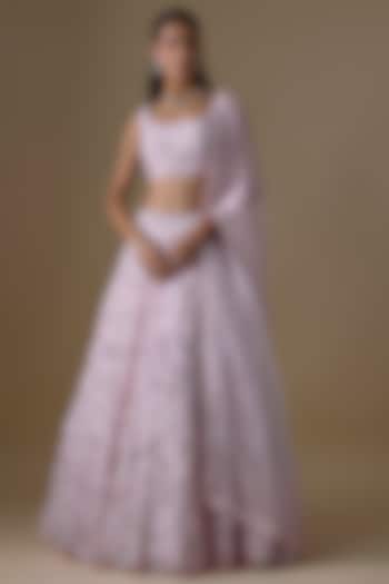 Soft Pink Organza Floral Motif & Thread Embroidered Wedding Lehenga Set by COUTURE BY NIHARIKA at Pernia's Pop Up Shop