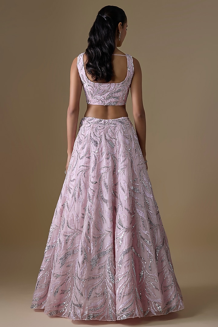 Soft Pink Organza Floral Motif & Thread Embroidered Wedding Lehenga Set by COUTURE BY NIHARIKA at Pernia's Pop Up Shop