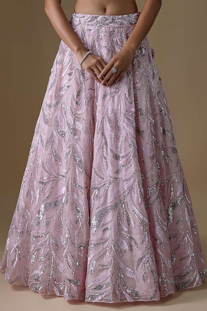 Soft Pink Organza Floral Motif & Thread Embroidered Wedding Lehenga Set by COUTURE BY NIHARIKA at Pernia's Pop Up Shop