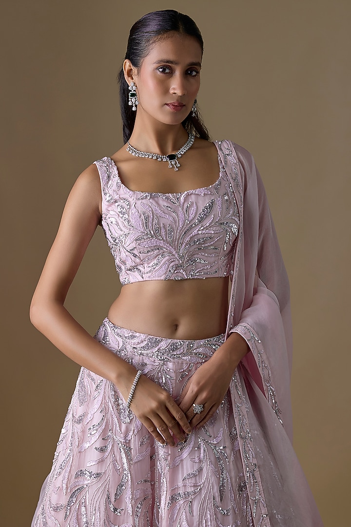 Soft Pink Organza Floral Motif & Thread Embroidered Wedding Lehenga Set by COUTURE BY NIHARIKA at Pernia's Pop Up Shop
