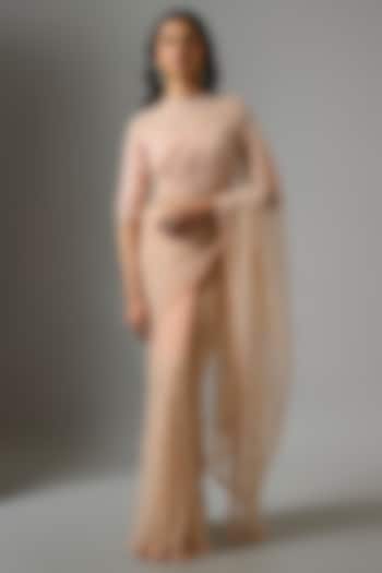 Powder Pink Net Cutdana Embroidered Reception Saree Set by COUTURE BY NIHARIKA at Pernia's Pop Up Shop