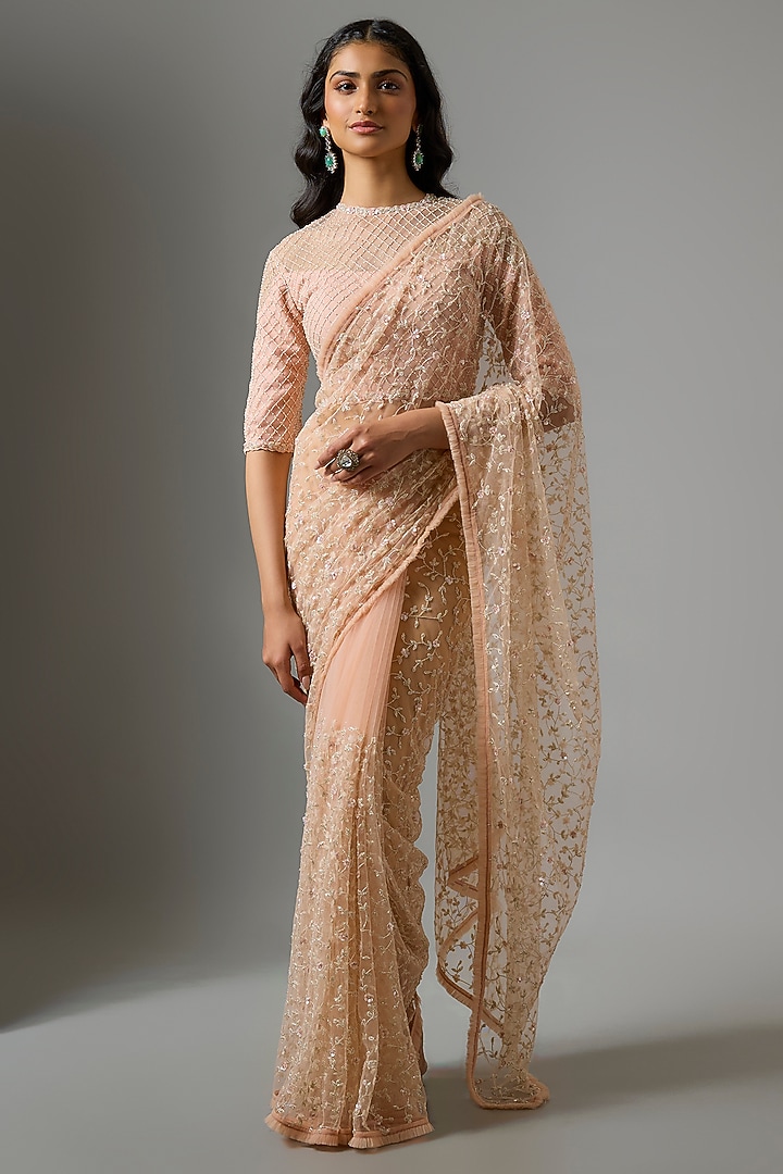 Powder Pink Net Cutdana Embroidered Reception Saree Set by COUTURE BY NIHARIKA at Pernia's Pop Up Shop
