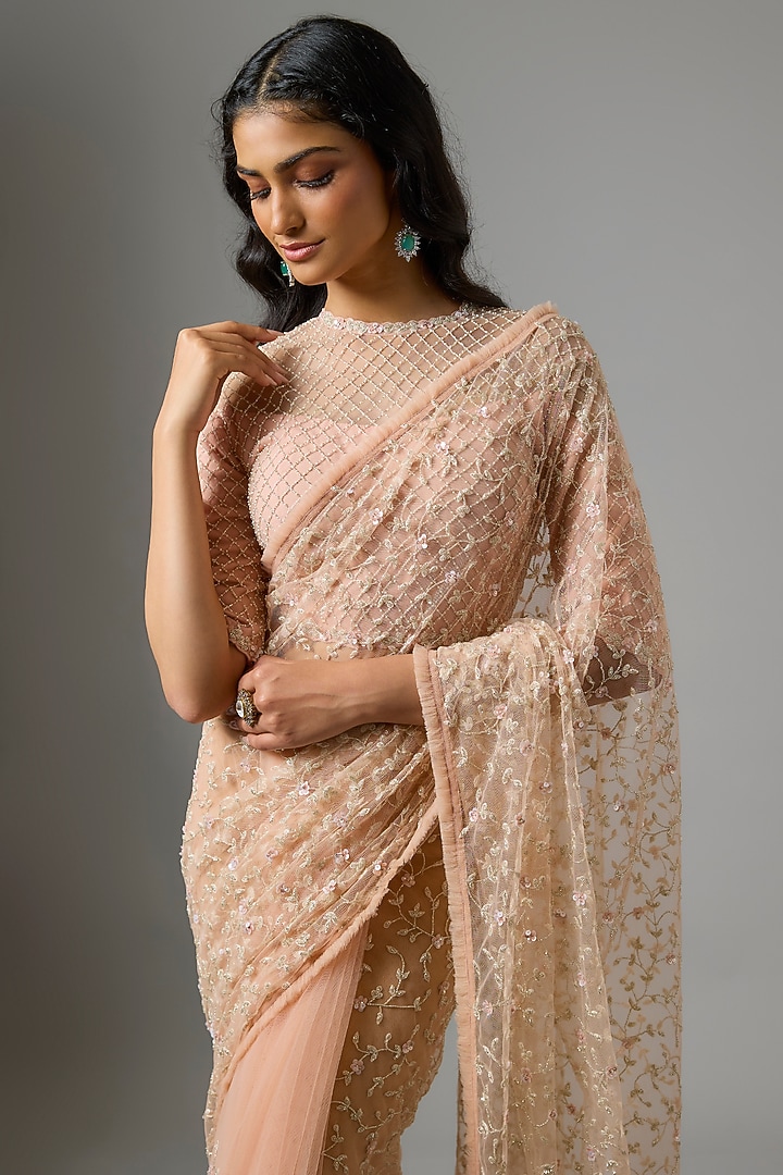 Peach Net Cutdana Embroidered Reception Saree Set by COUTURE BY NIHARIKA at Pernia's Pop Up Shop