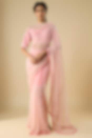 Powder Pink Net Cutdana Embroidered Reception Saree Set by COUTURE BY NIHARIKA at Pernia's Pop Up Shop