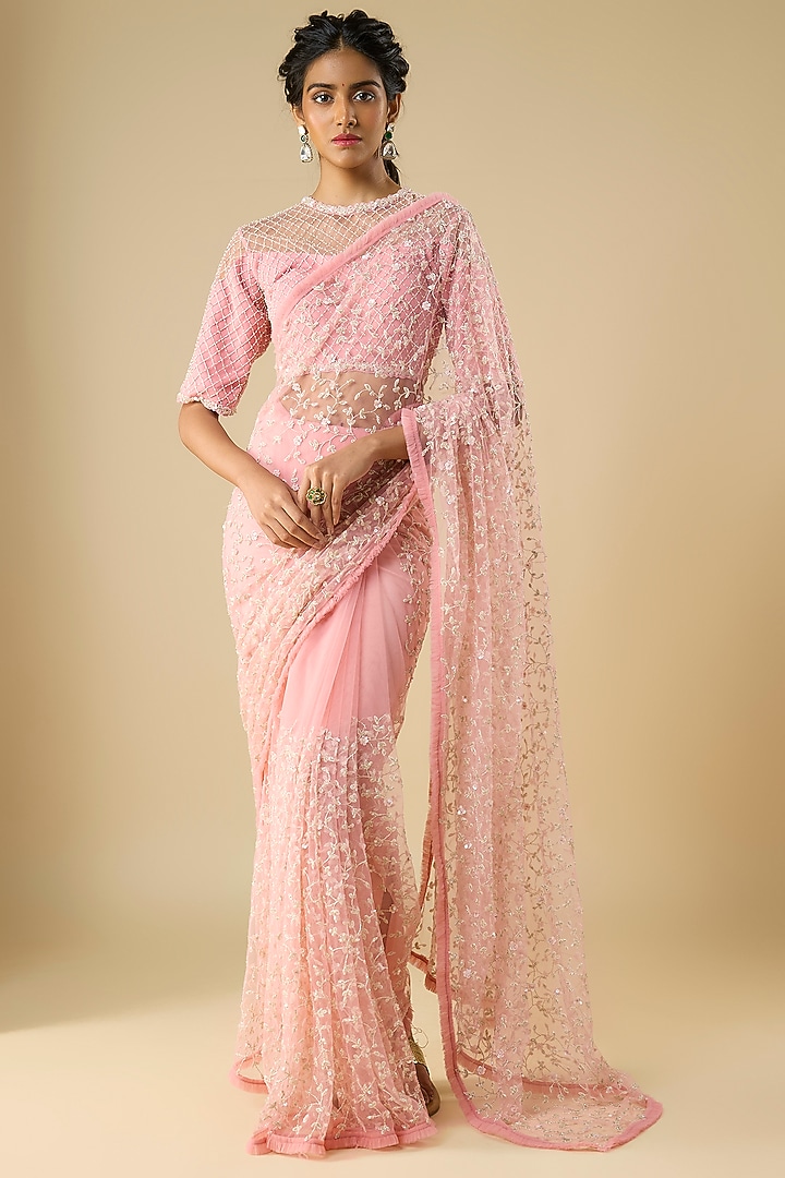Powder Pink Net Cutdana Embroidered Reception Saree Set by COUTURE BY NIHARIKA at Pernia's Pop Up Shop