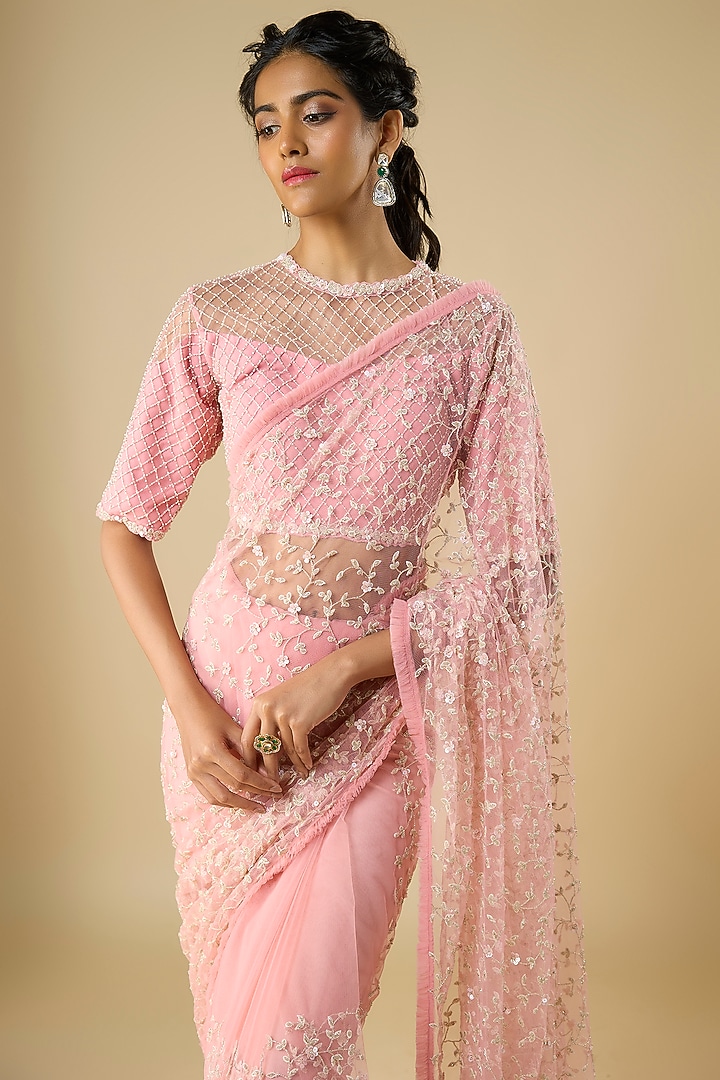 Powder Pink Net Cutdana Embroidered Reception Saree Set by COUTURE BY NIHARIKA at Pernia's Pop Up Shop