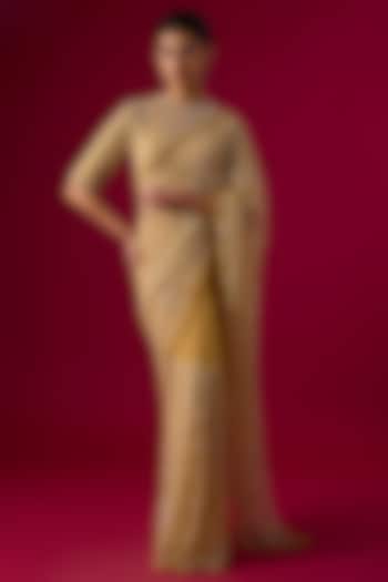 Gold Net Embroidered Reception Saree Set by COUTURE BY NIHARIKA at Pernia's Pop Up Shop