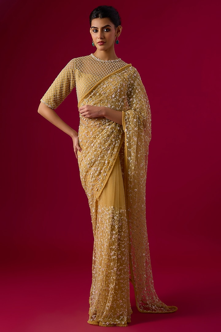 Gold Net Embroidered Reception Saree Set by COUTURE BY NIHARIKA at Pernia's Pop Up Shop