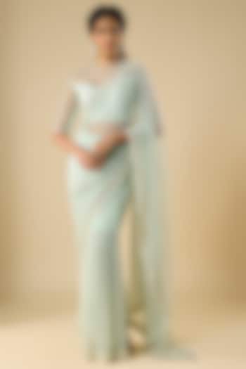 Powder Blue Net Cutdana Embroidered Reception Saree Set by COUTURE BY NIHARIKA at Pernia's Pop Up Shop