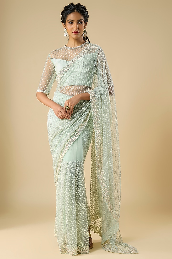 Powder Blue Net Cutdana Embroidered Reception Saree Set by COUTURE BY NIHARIKA at Pernia's Pop Up Shop