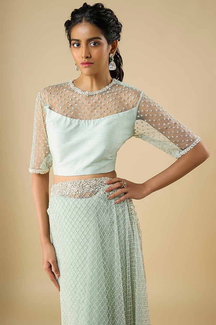 Powder Blue Net Cutdana Embroidered Reception Saree Set by COUTURE BY NIHARIKA at Pernia's Pop Up Shop