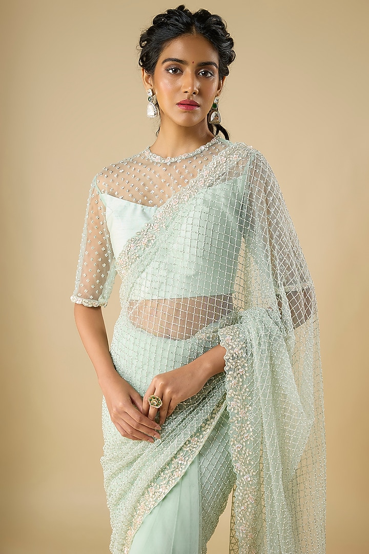 Powder Blue Net Cutdana Embroidered Reception Saree Set by COUTURE BY NIHARIKA at Pernia's Pop Up Shop