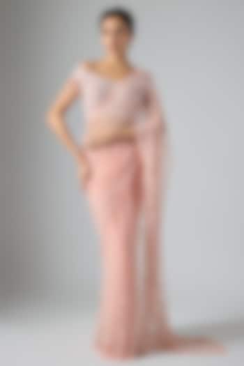 Peach Net & Viscose Sequins Embroidered Reception Saree Set by COUTURE BY NIHARIKA at Pernia's Pop Up Shop