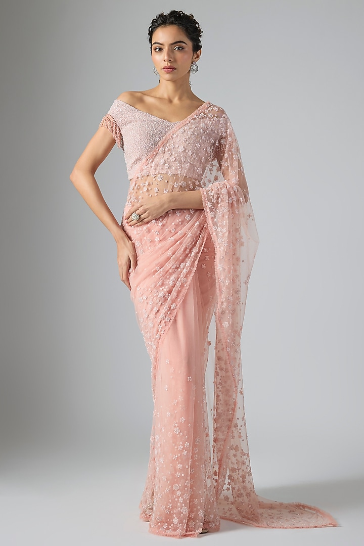 Peach Net & Viscose Sequins Embroidered Reception Saree Set by COUTURE BY NIHARIKA at Pernia's Pop Up Shop