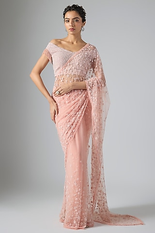 Peach Net & Viscose Sequins Embroidered Saree Set by COUTURE BY NIHARIKA