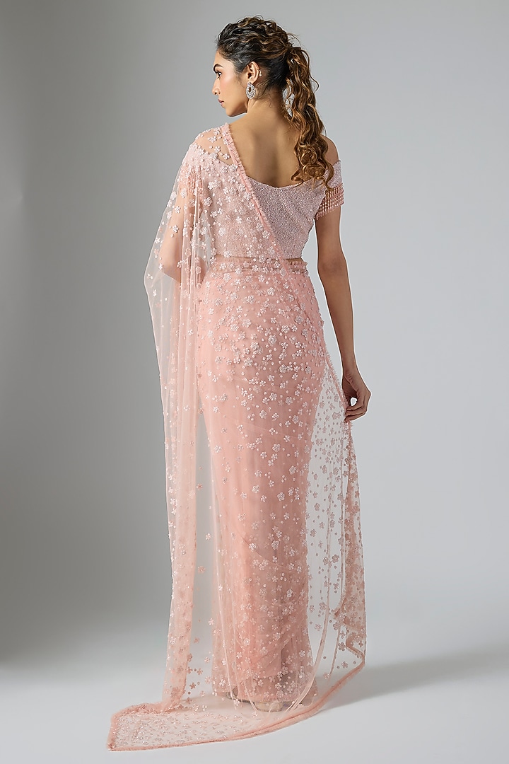 Peach Net & Viscose Sequins Embroidered Reception Saree Set by COUTURE BY NIHARIKA at Pernia's Pop Up Shop
