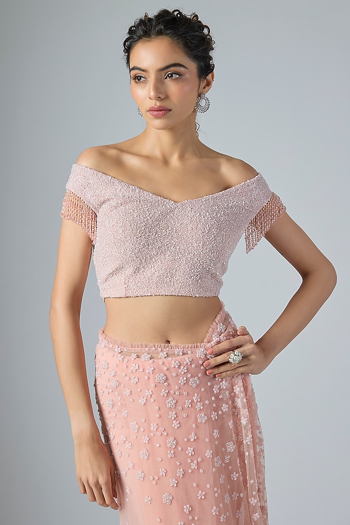 Peach Net & Viscose Sequins Embroidered Reception Saree Set by COUTURE BY NIHARIKA at Pernia's Pop Up Shop
