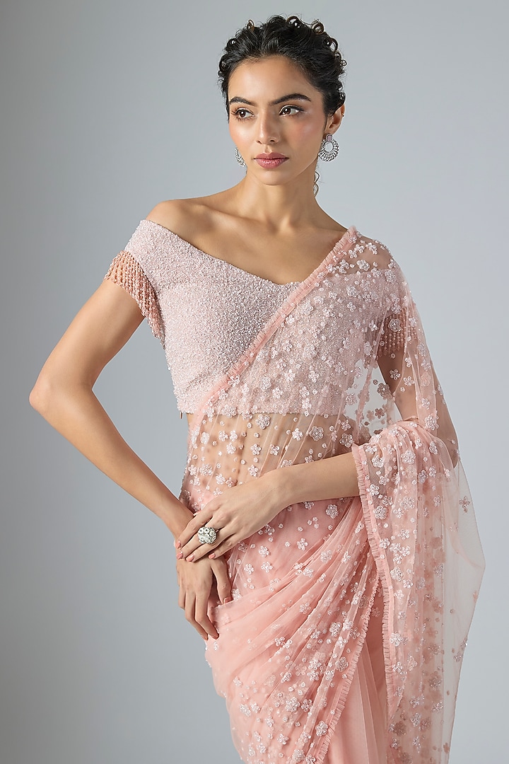 Peach Net & Viscose Sequins Embroidered Reception Saree Set by COUTURE BY NIHARIKA at Pernia's Pop Up Shop